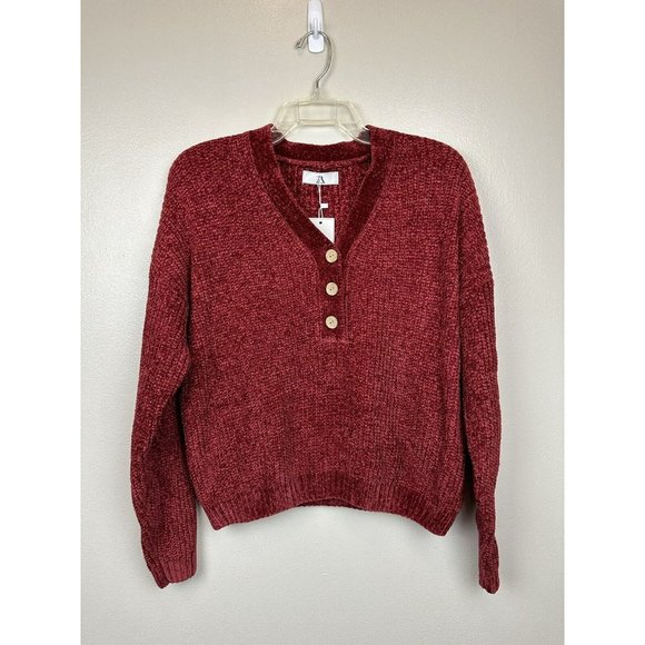 Sweaters for Women V Neck Long Sleeve Pullover Knit Top With 3 Buttons Red - Picture 8 of 8